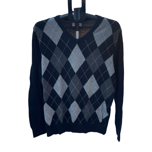 Croft & Barrow Men’s Black Argyle V-Neck Sweater L - Lightweight Pullover - Picture 1 of 4